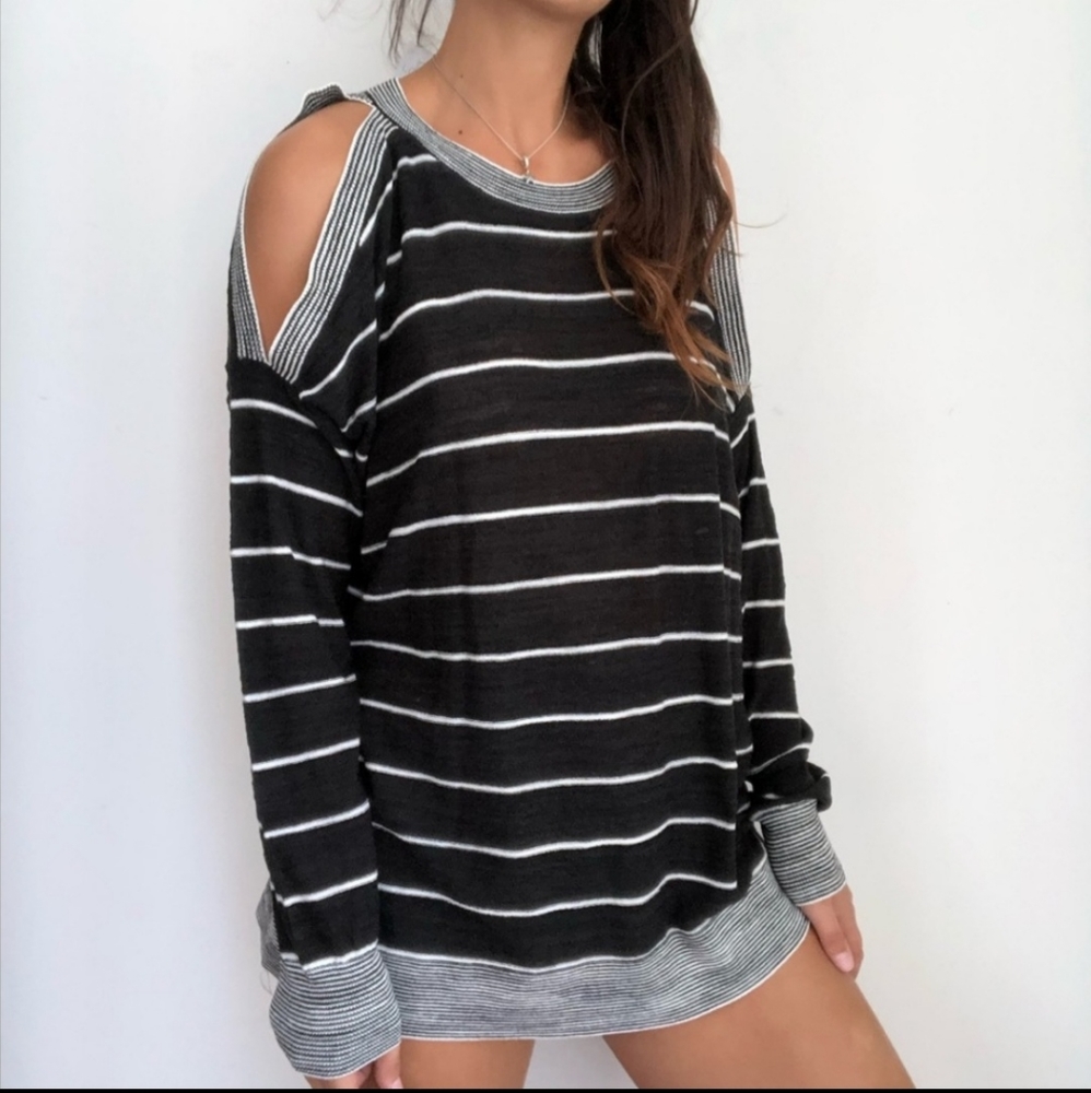 LOFT Black/White Striped Cold Shoulder Sweater Size M